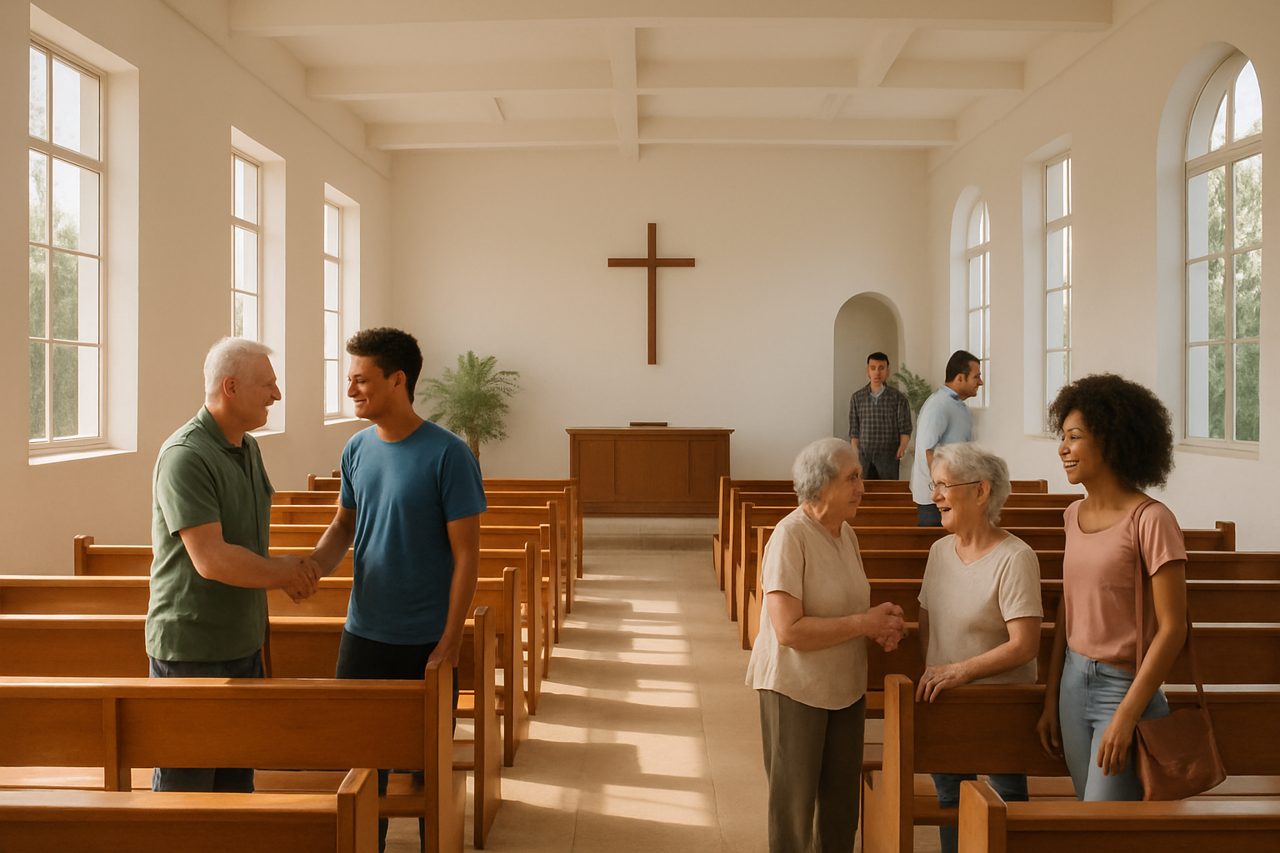 Pessoas chegando para um encontro em uma igreja iluminada